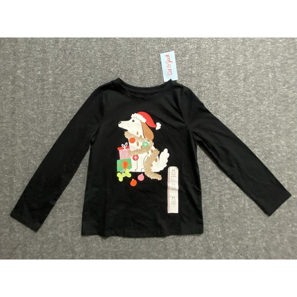 Cat & Jack girls long sleeve shirt top size XS (4-5) black dog Christmas